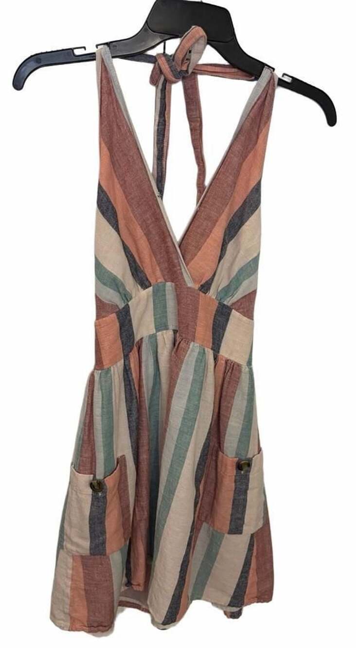 American Eagle Striped Halter Dress Size XS Cotton Linen Pockets Boho Fall